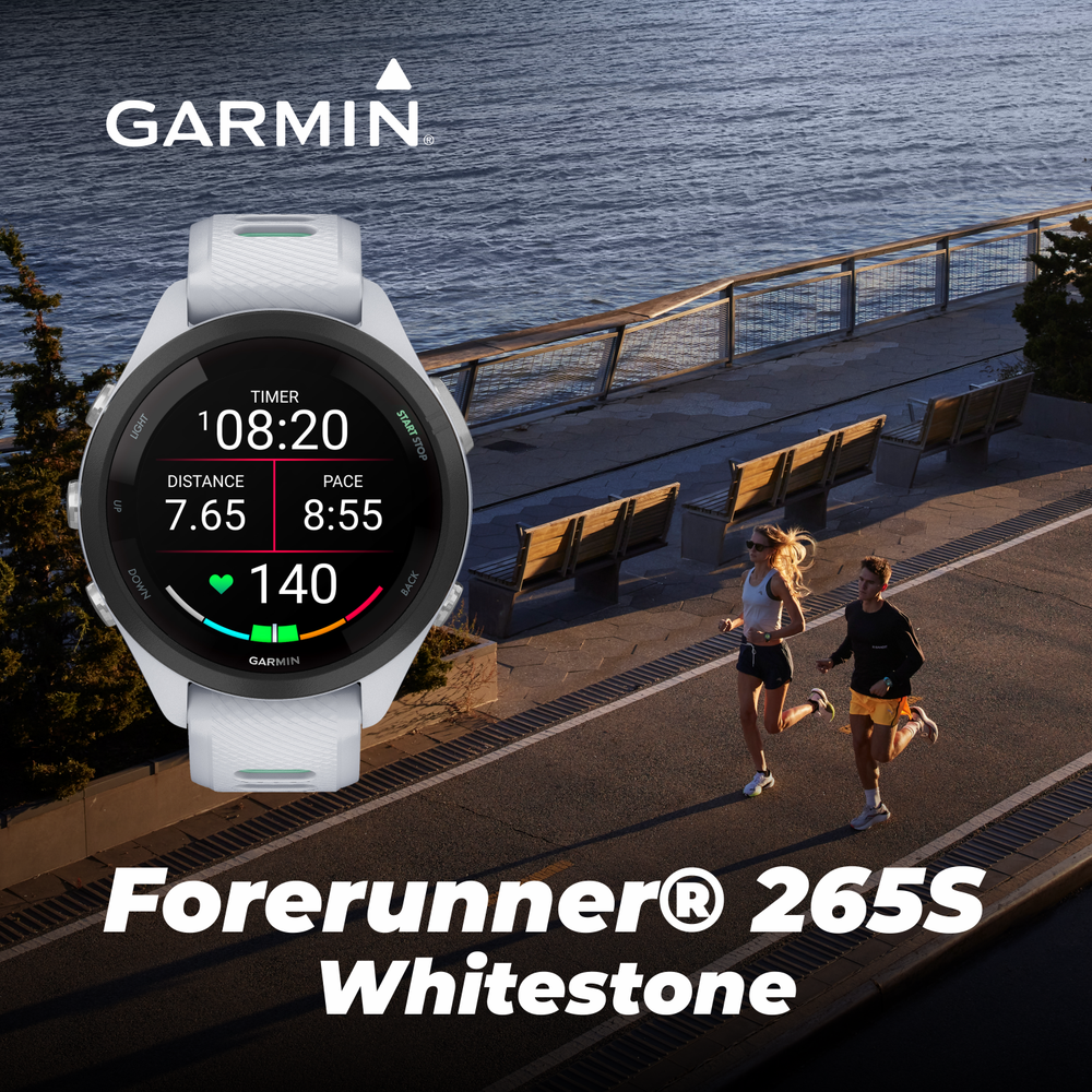 Garmin Forerunner 265S Running Smartwatch AMOLED Display White w/ Black EarBuds