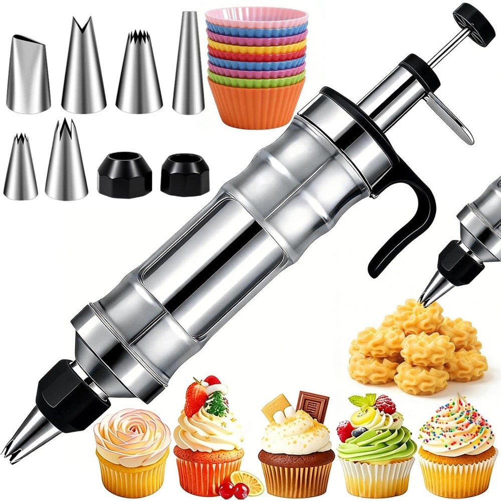 Dessert Decorating Syringe Set with 6 Icing Tips, Stainless Steel Kit