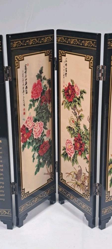Lacquered Screen 6 Panel Floral Design Table Top Folding Chinese Screen