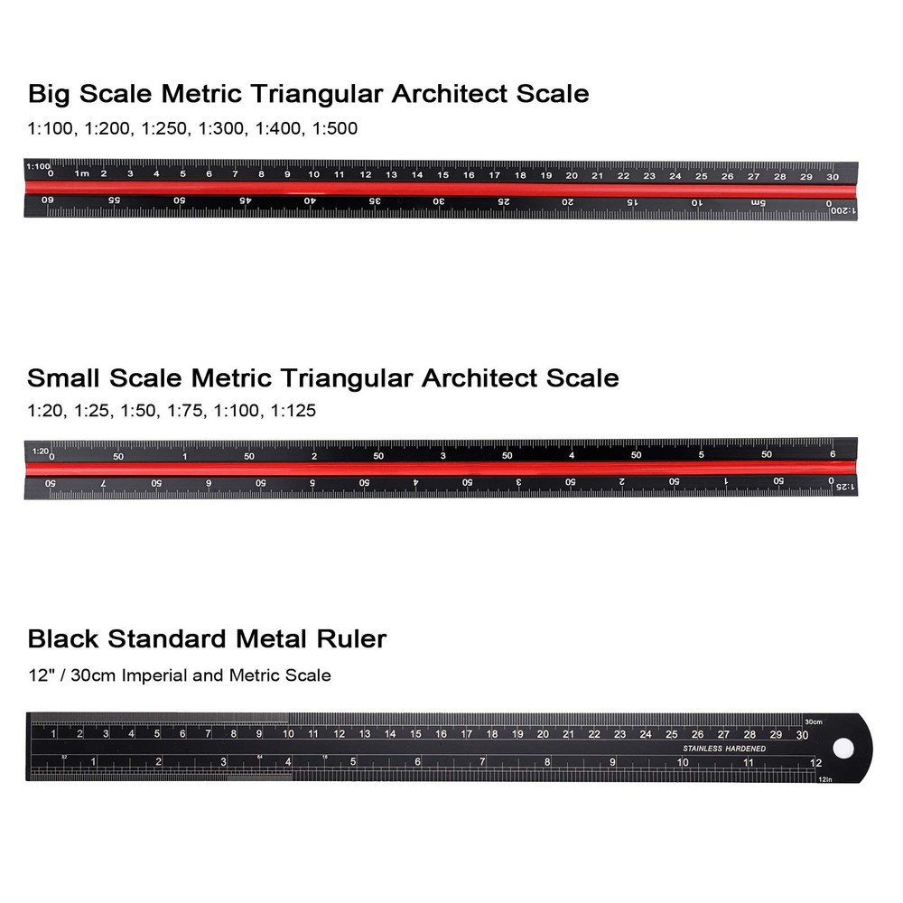 OwnMy 3 Pack 30CM Solid Aluminum Triangular Architect Scale Ruler Multicolor