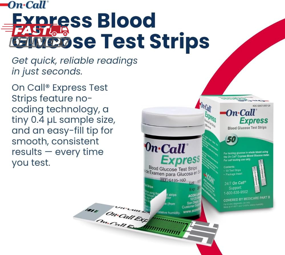 Blood Glucose Test Strips for Diabetes by On-Call Express, 50 Count, No Coding N