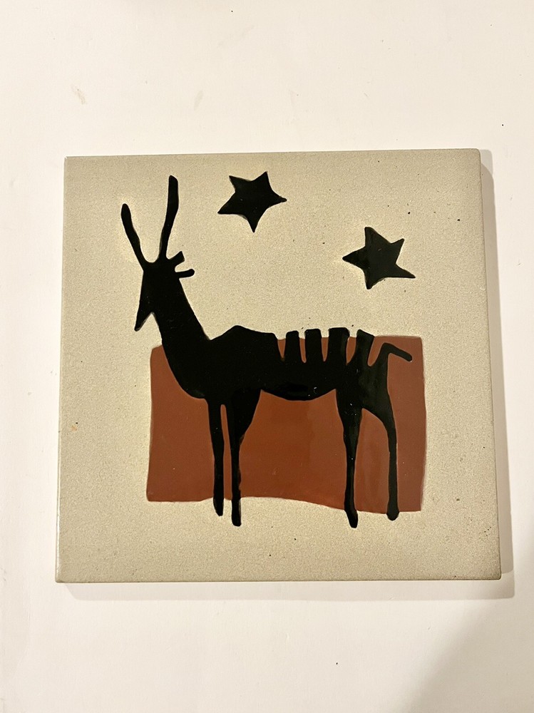 Elk Deer Stars Folk Art Tile 8X8 Signed ME EUC