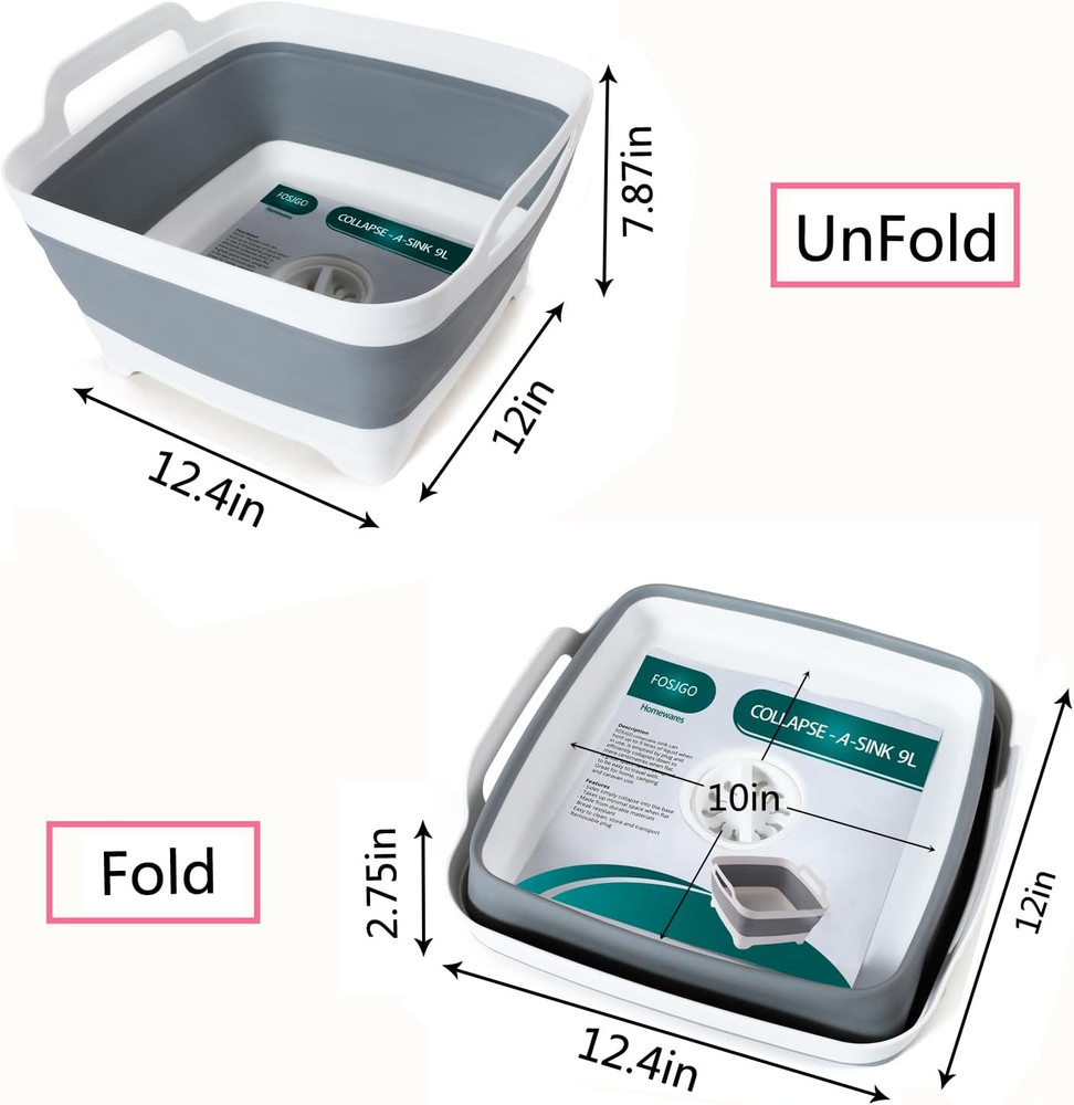 2.4 Gal(9L) Collapsible Dish Basin with Drain Plug,Space Saving Multiuse Foldabl