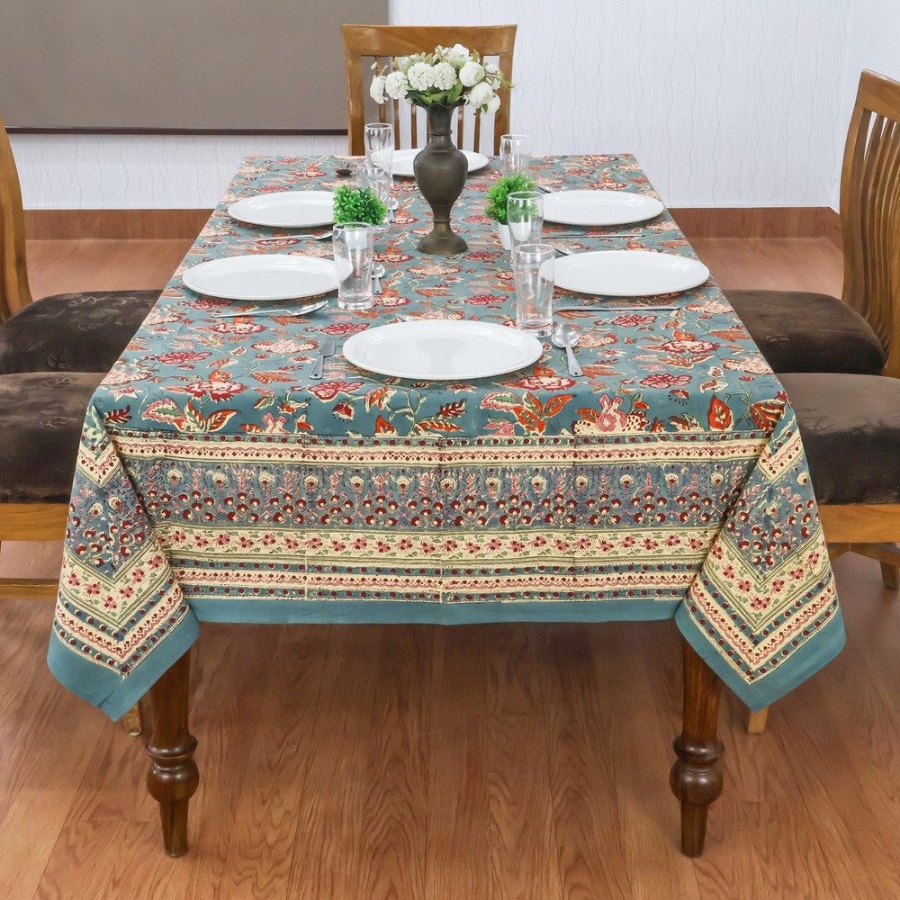 Blue & Green, Floral Block Printed Table Cover, Rectangular Christmas Tablecloth