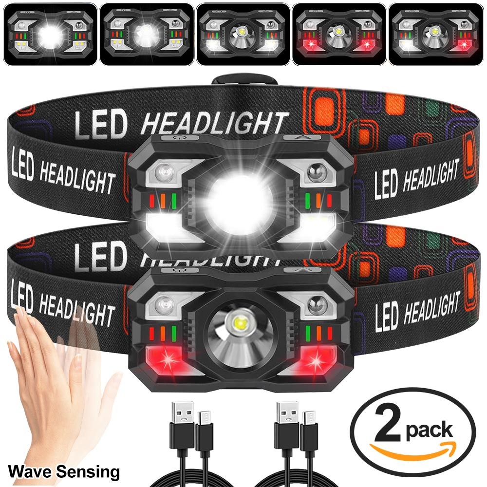 2X Strong Camping Light LED Headlamp USB Rechargeable Wave Sensor Head Torch