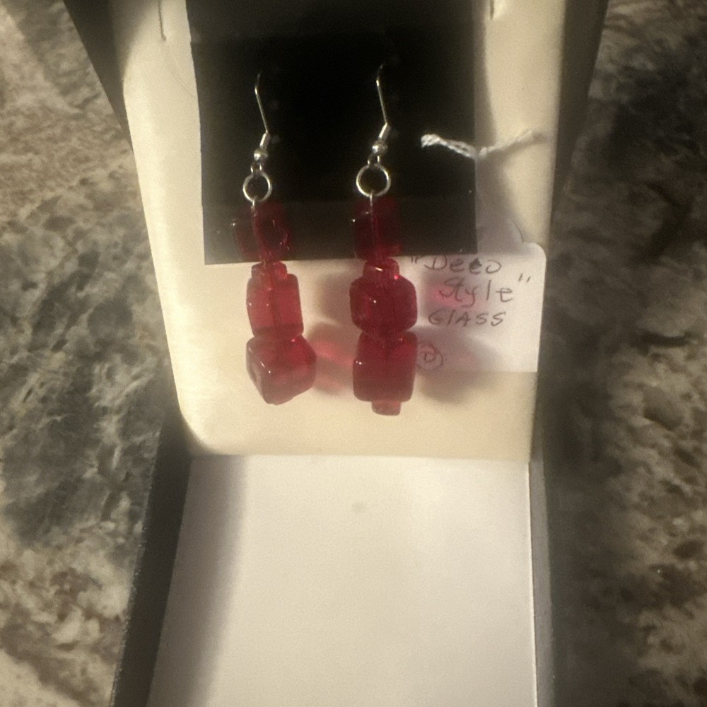 Red, Square Bead Deco Style Glass Hook Earrings