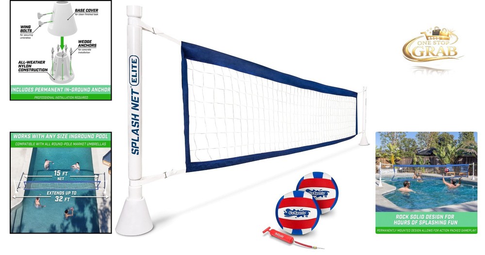 Pool Volleyball Game Splash Net Elite Inground Deck Mount 15ft Net Blue