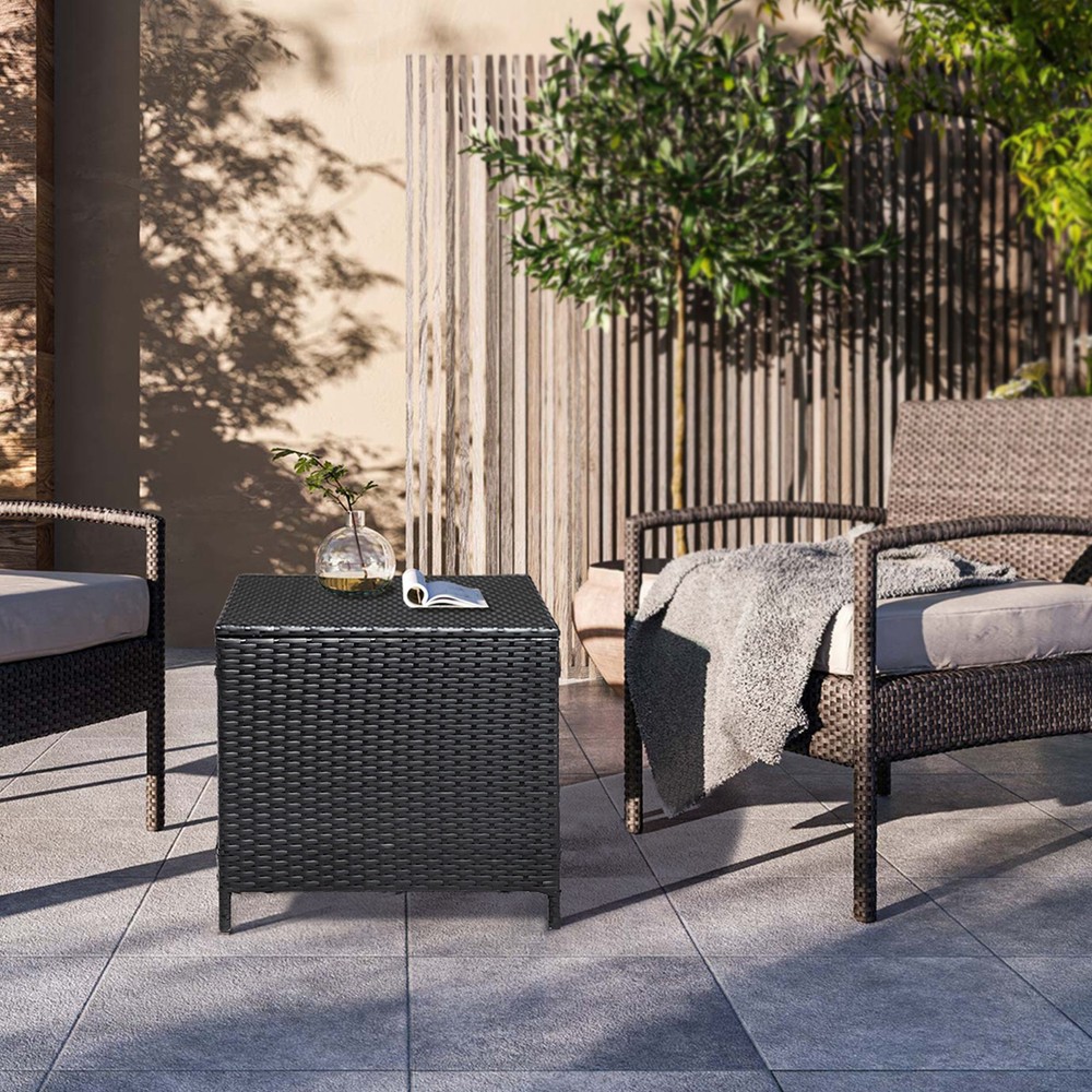PE Wicker Side Table with Storage, Patio Rattan End Table Square Container