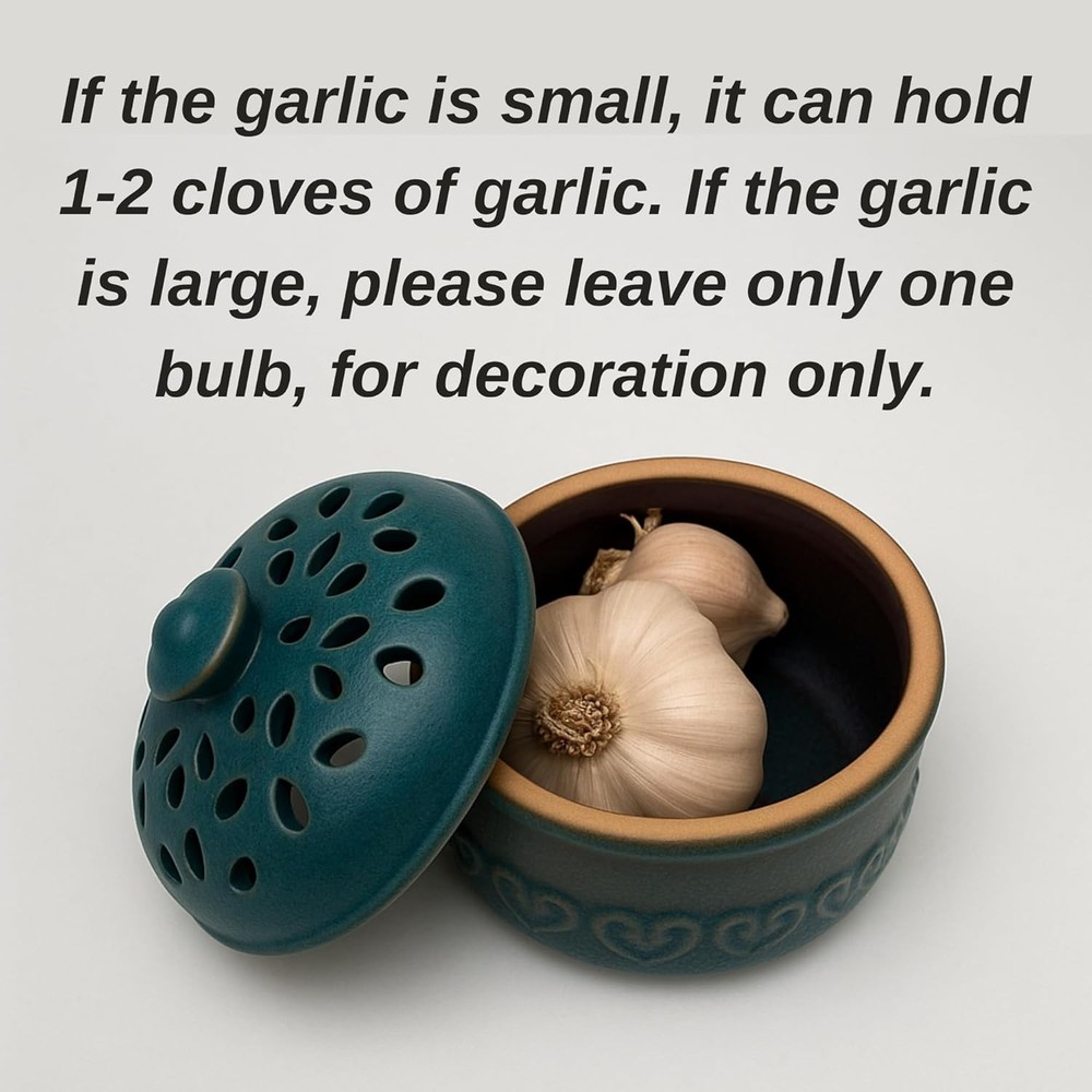 Peacock Blue Garlic Keeper for Counter Small, Ceramic Storage Jar &