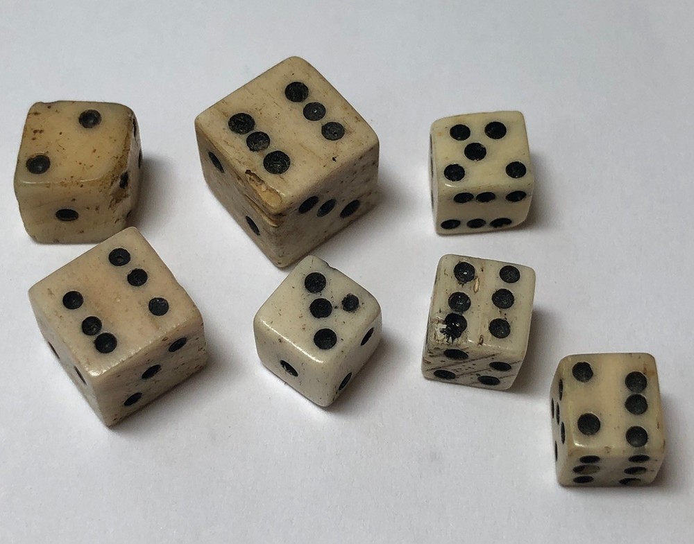 7 Vintage Bone (Bovine) Dice ( 1/4”-3/8”) With Faults