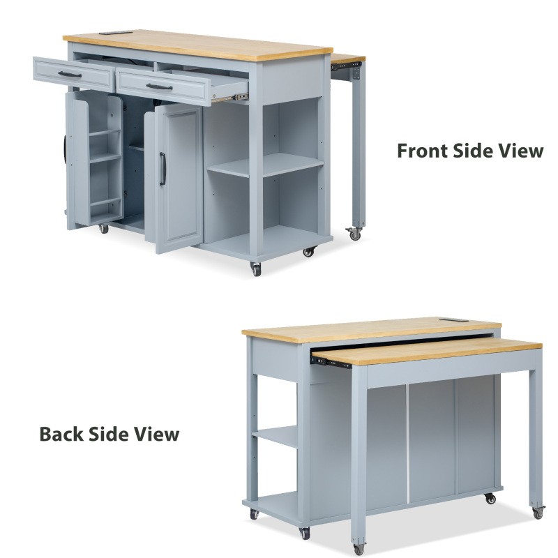 Kitchen Island with Extendable Dining Table, Rolling Wheels, Storage, Power