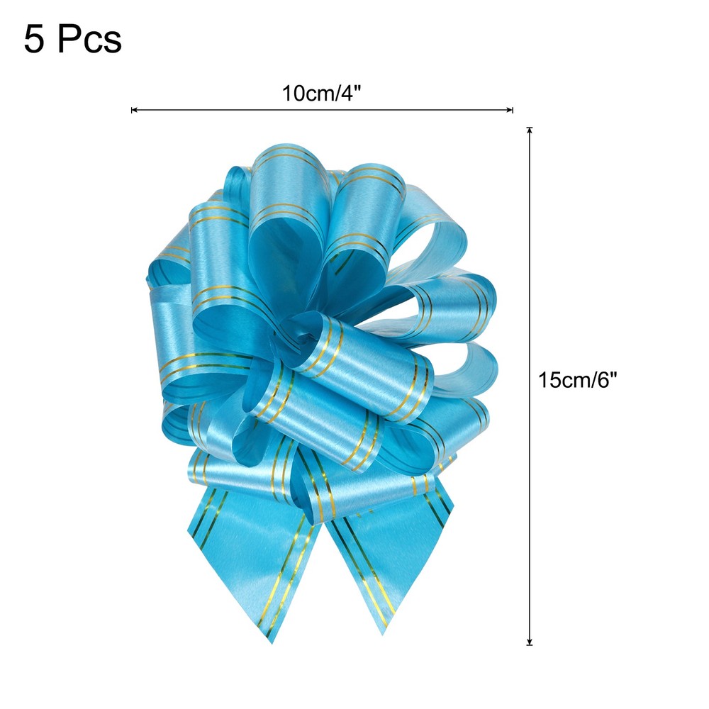 5pcs 4" Large Pull Bow Metallic Lake Blue Gift Wrapping Bows with Gold Edge
