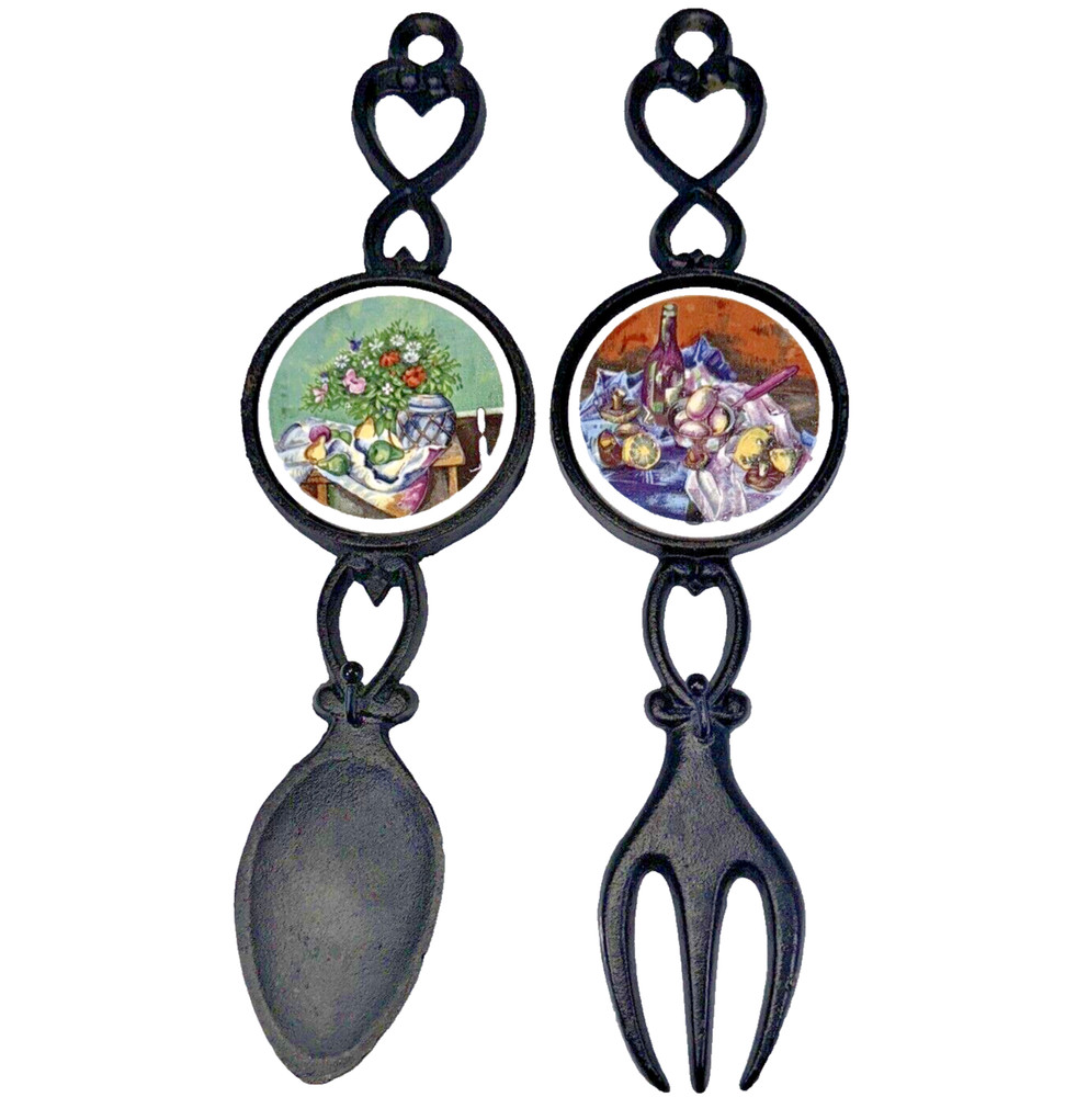 Enesco 12" Cast Iron Fork Spoon with Round Ceramic Tile Wall  Hanger