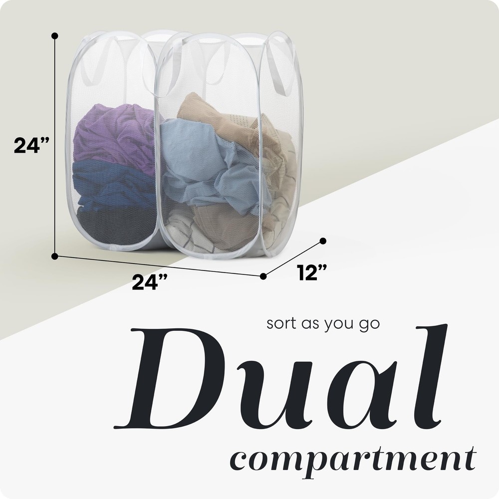 Handy Laundry Mesh Popup Hamper - Two Compartments, Double Hamper, White