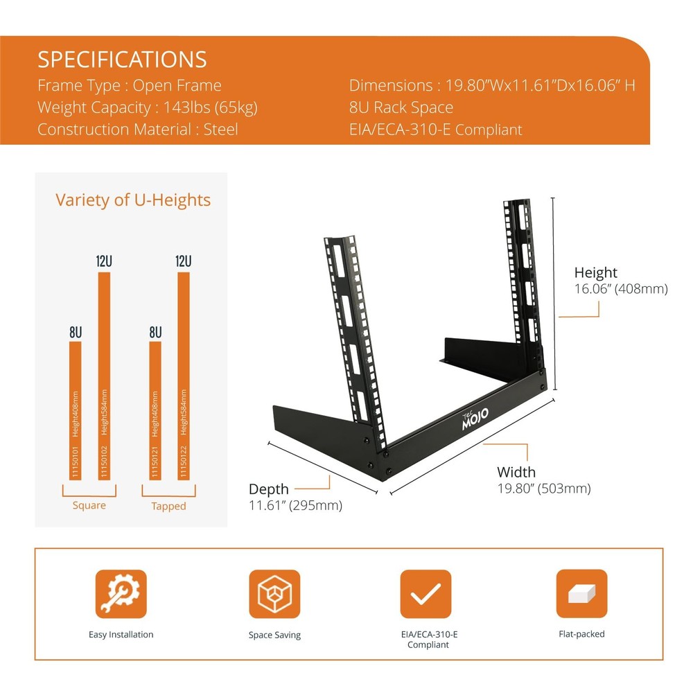 2 Post 8U Desktop Server Rack Small Open Frame Rack for 19in AV/Data/Audio/St...