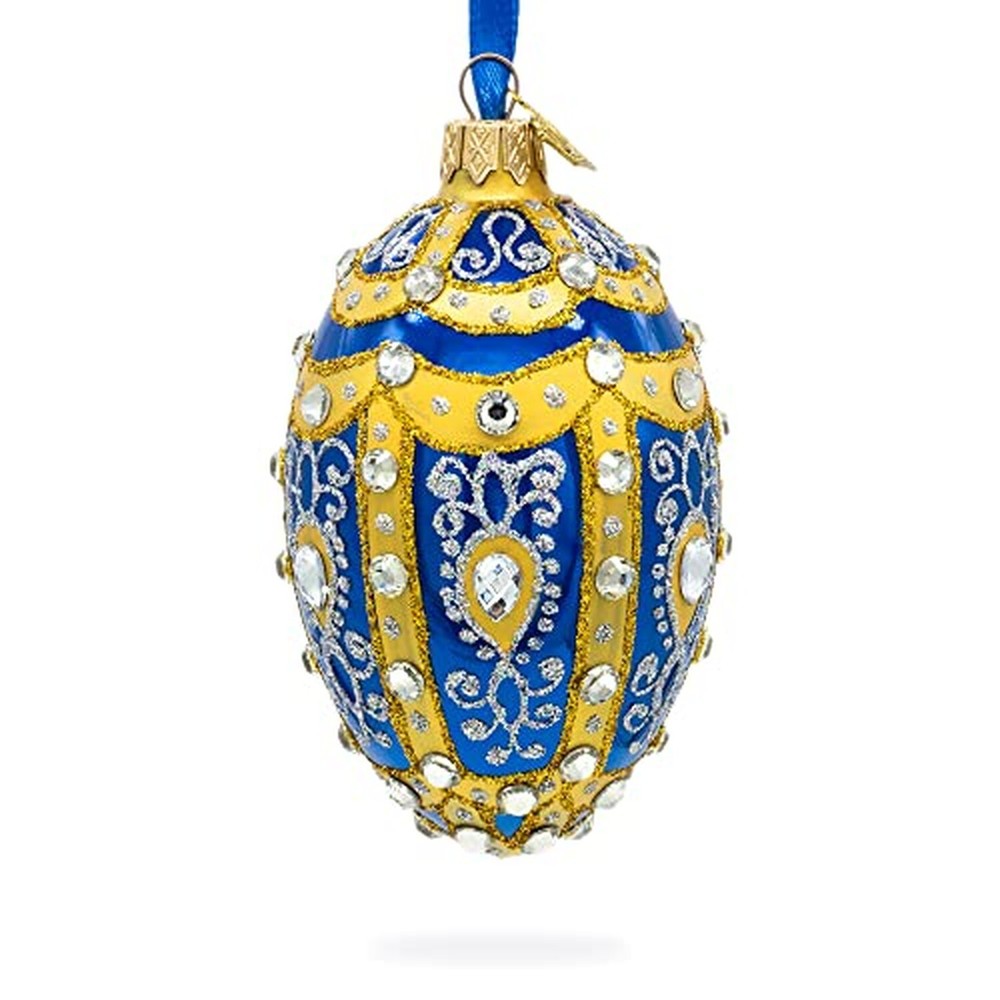 White Scrolls on Blue Glass Egg Ornament 4 Inches