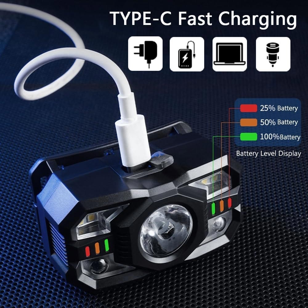 2X Strong Camping Light LED Headlamp USB Rechargeable Wave Sensor Head Torch