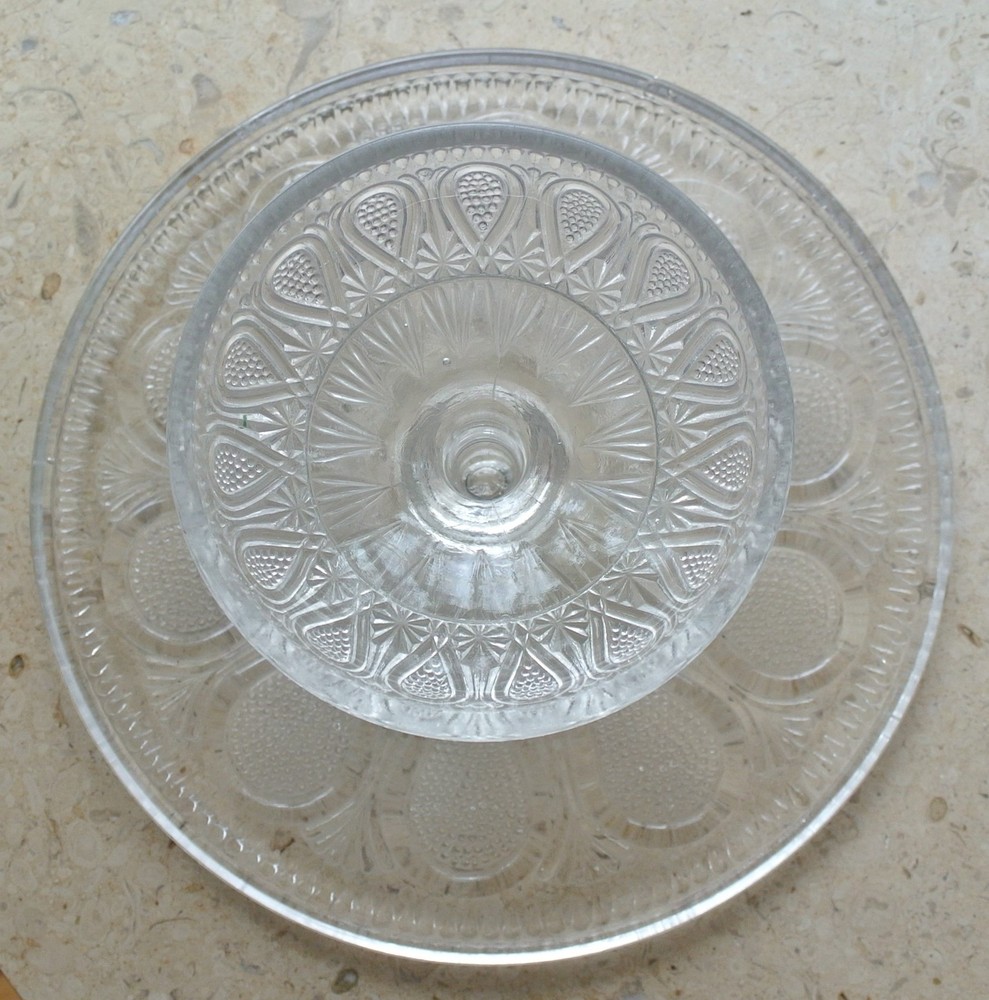 Vintage Pressed Clear Glass Cake Stand "Dotted Loop Pattern"