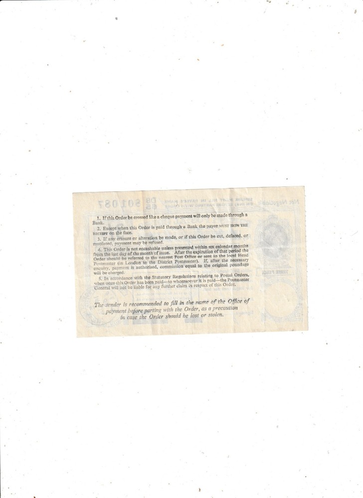 3 SHILLINGS POSTAL ORDER 1960