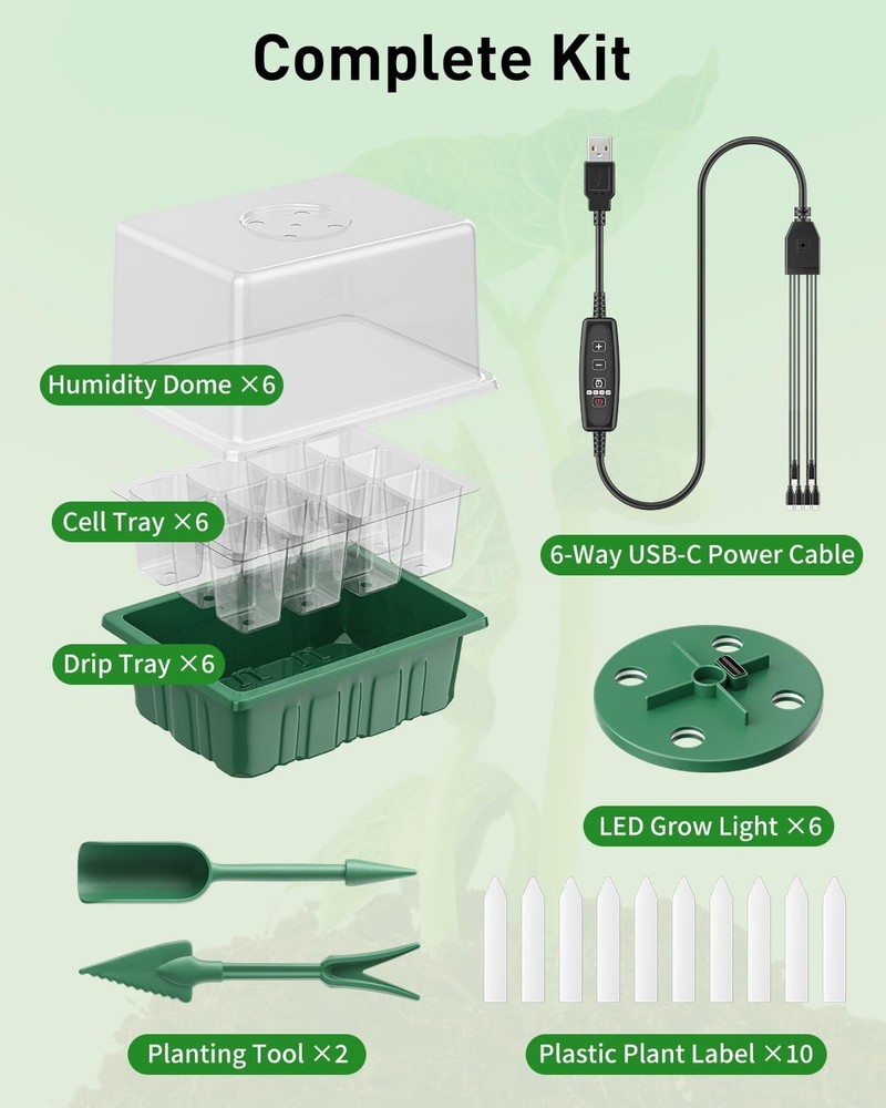 Pawfly 6 Pack Seed Starter Kit, 72 Cells, Seed Starter Trays with Adjustable Gro