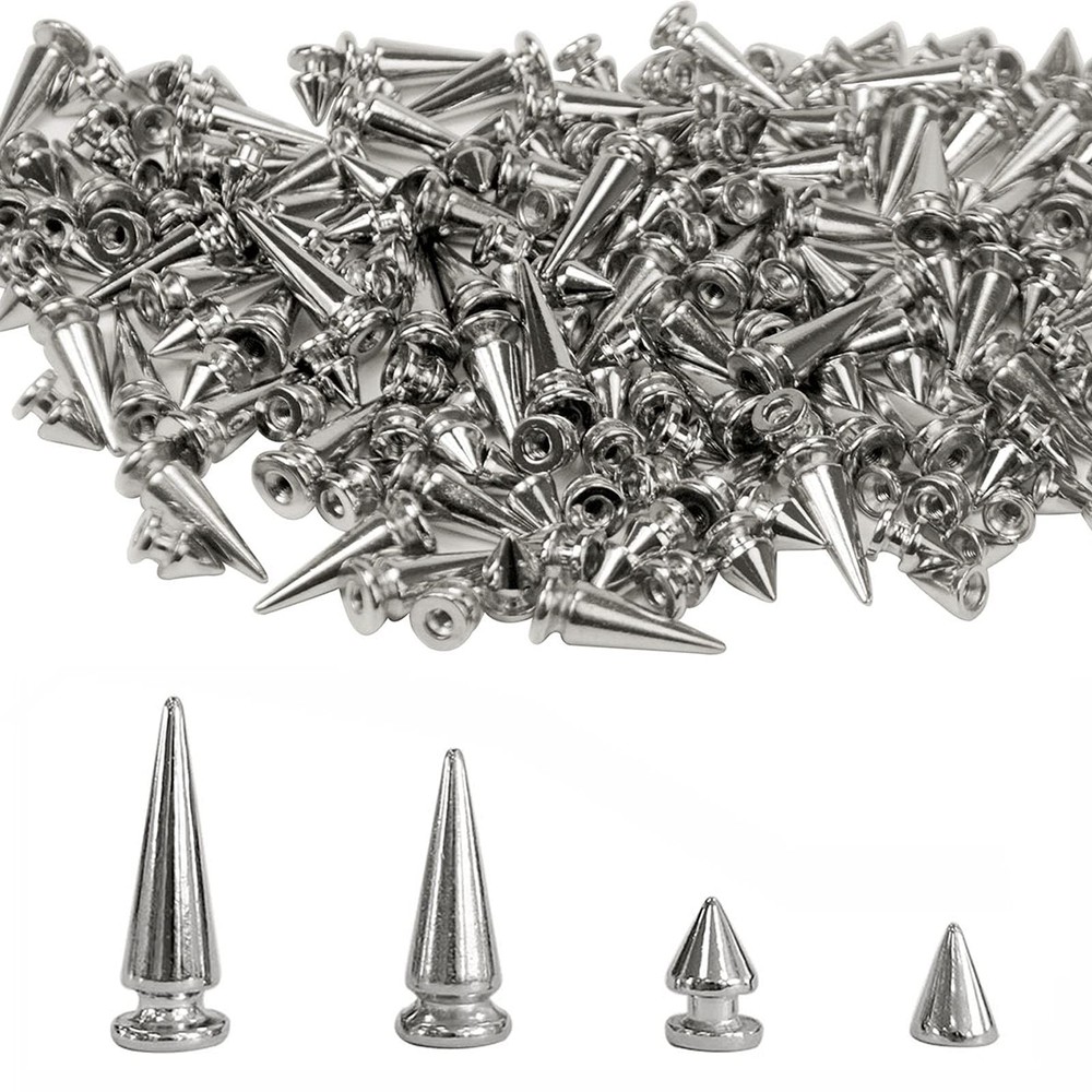 200 Sets Silver Cone Spikes Multiple Sizes Screw Back Studs Bullet Rivets