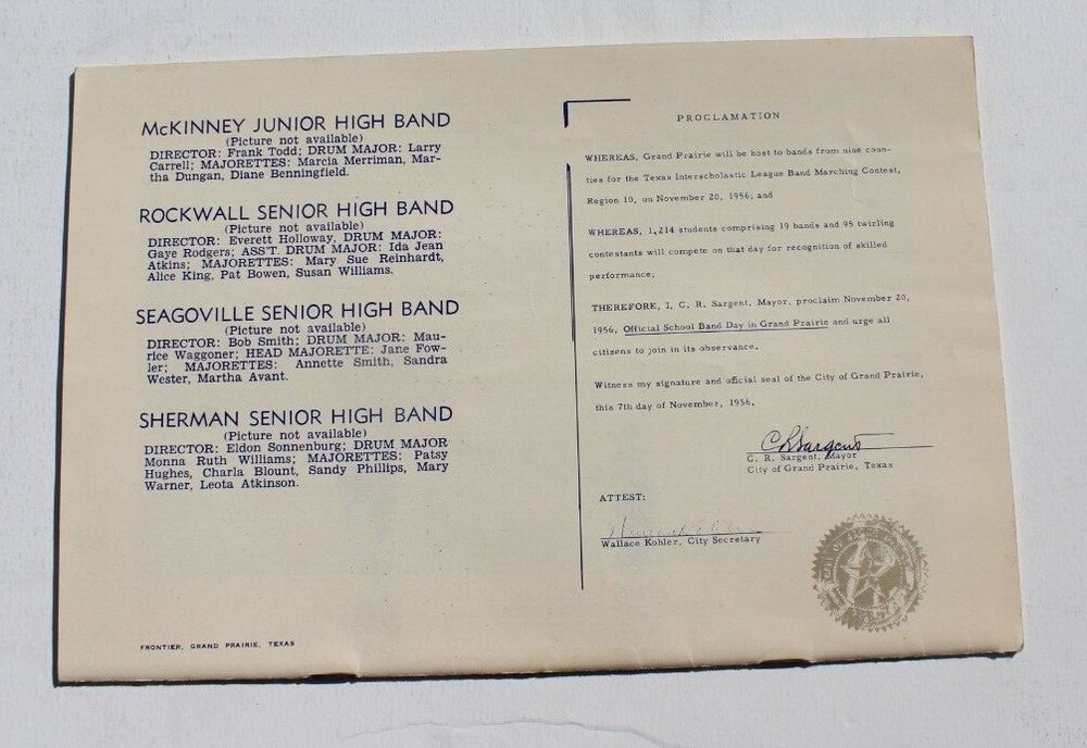 Vtg November 20, 1956 Marching Contest Souvenir Program Texas Gopher Bowl