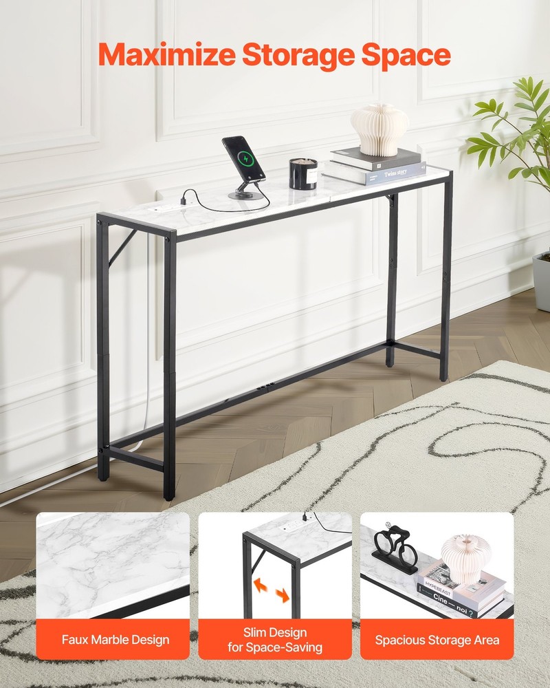 [New]Marble Console Table,Modern Narrow Long Console Table w/Power Outlet,Thin S