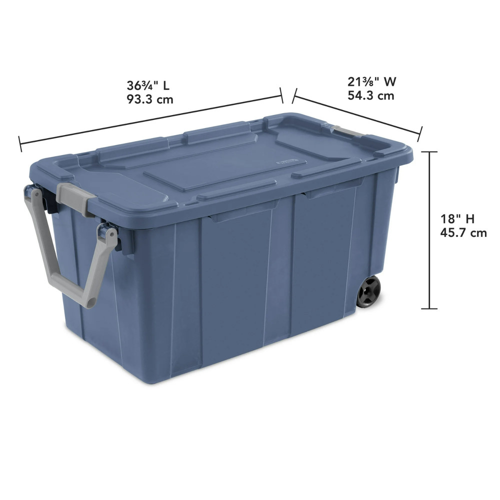 Sterilite 40G Wheeled Industrial Storage Tote Latch Lid Pull Handle Blue 2 Pack