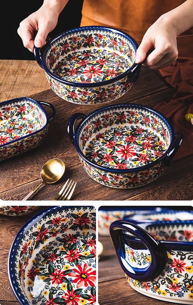 Red Daisy Flower Vintage Style Ceramic Bakeware Casserole Dish Baking Pan