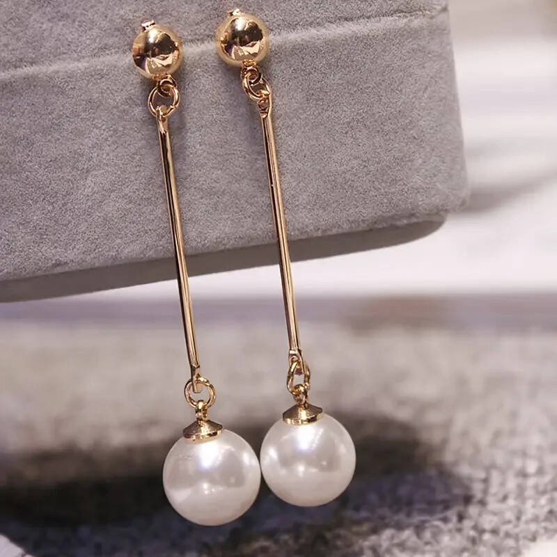 Long Chain Pearl Dangle Earrings Alloy Plastic Elegant Minimal Style Drop