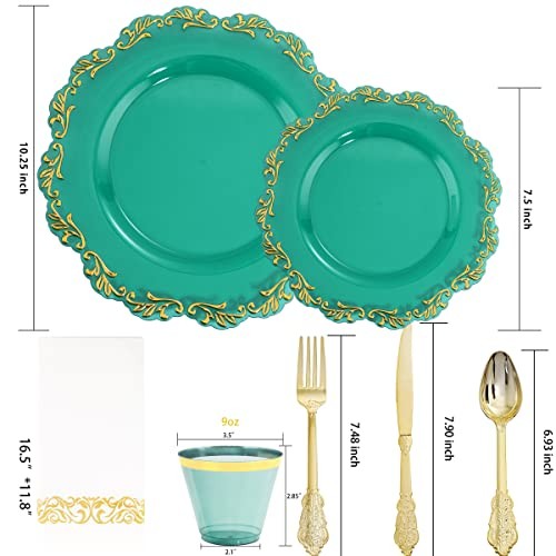175PCS Clear Plastic Plates & Gold Plastic Silverware & Clear Cups & Green
