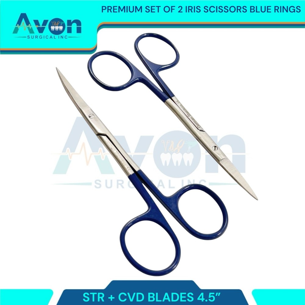2pcs Premium Dissecting Iris Scissors with Sharp Points, Curved+Straight - 4.5in