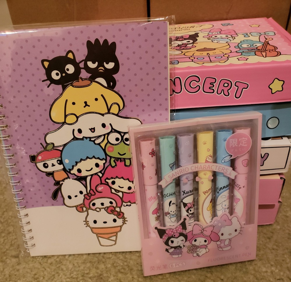 Sanrio Bundle Notebook, Highlighter Set, And One Random Blind Box w/ 10+ Items