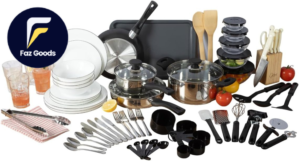 74 Piece Kitchen in a Box Pots and Pans Cookware Plates and Bowls Dinnerware