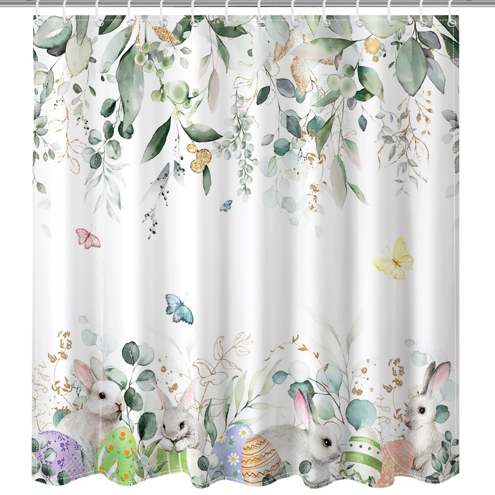 Spring Easter Shower Curtain for Bathroom Happy Easter Bunny Green Eucalyptus Sh