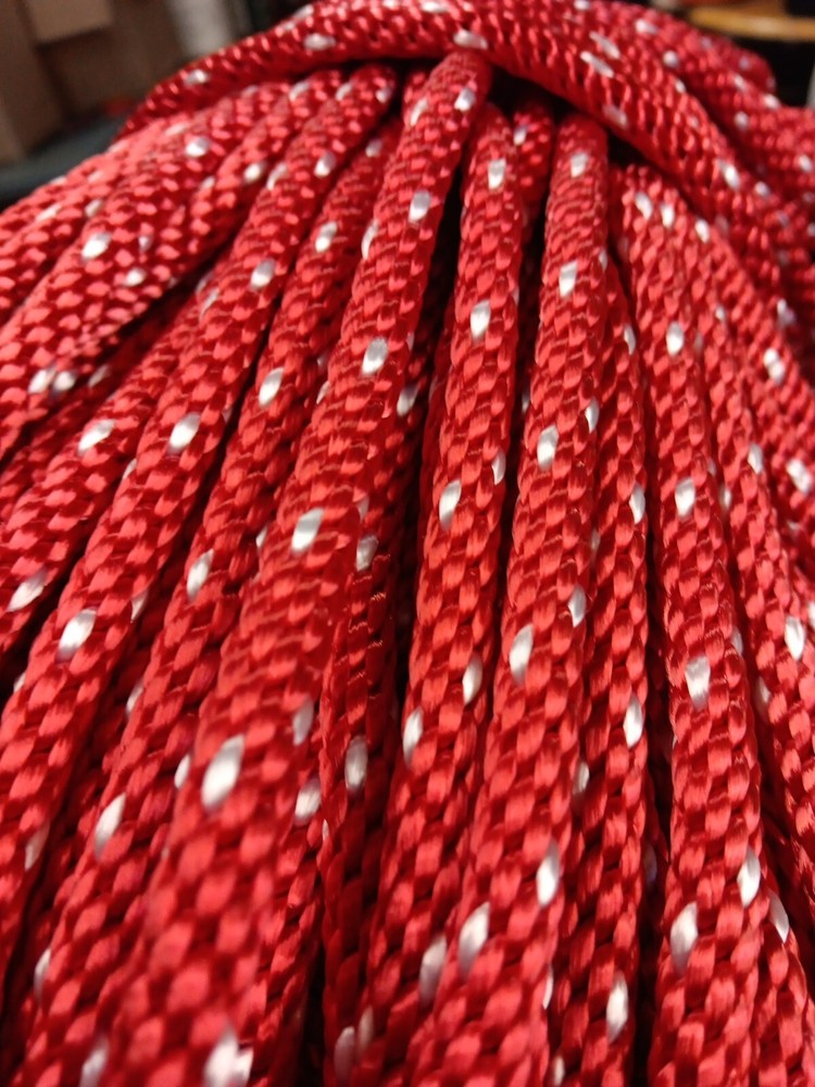 5/16” x 200 ft. Solid Braid Polyester Rope. Made in USA. Red/White