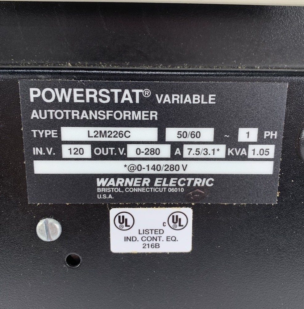 Warner Electric L2M226C Powerstat Variable Autotransformer - Tested