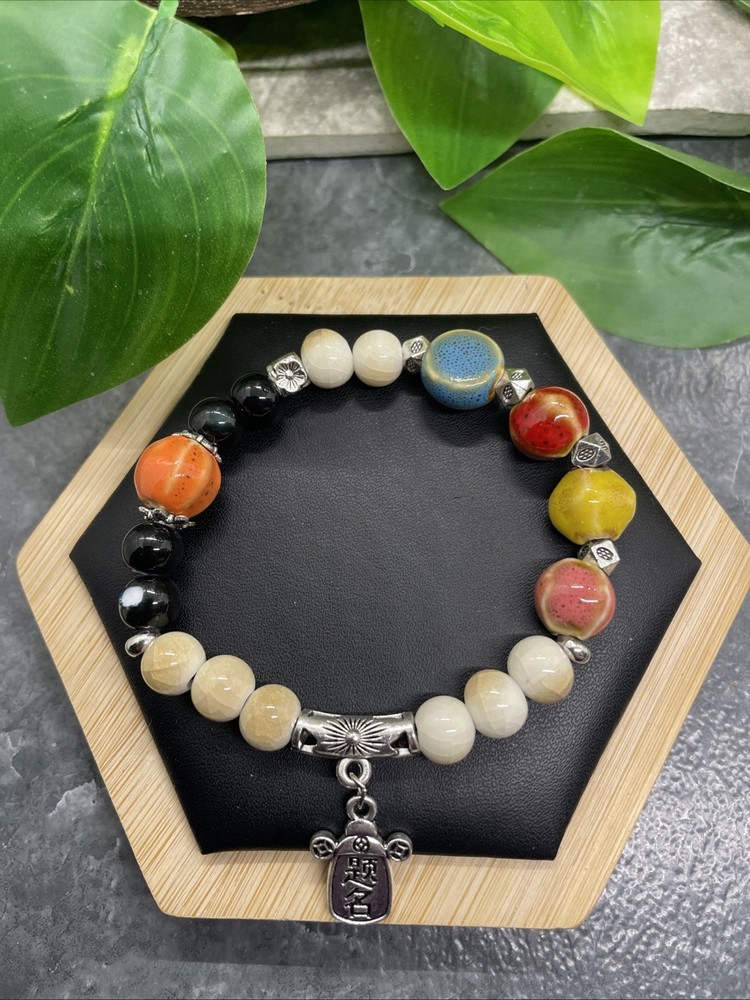 Handmade Ceramic Bead Beaded Stackable 6.5” Plus Stretch Bracelet New B317