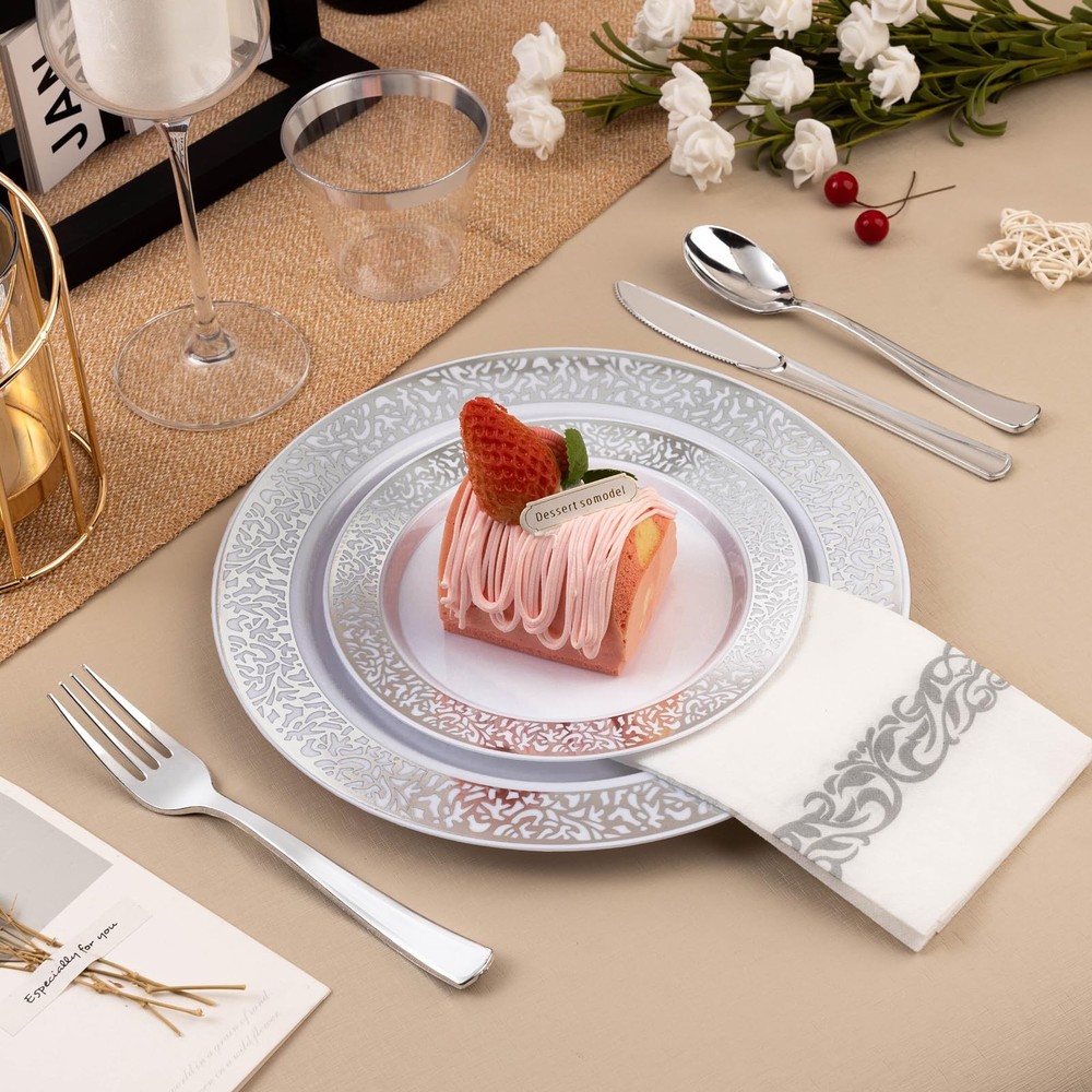 350PCS Silver Plastic Dinnerware Set for 50 Guests, Disposable Plates for Par...