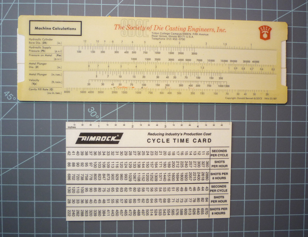Die Casting Calculator Slide Chart SDCE + Rimrock Cycle Time & Conversion Card