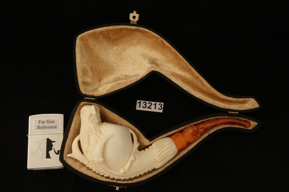 Eagle Head in Eagle's Claw with Block Meerschaum Pipe with custom case 13213