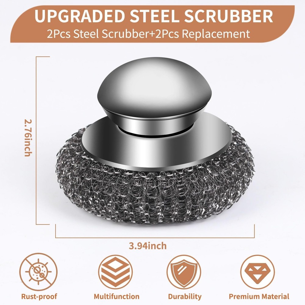 4pcs Steel Wool Scrubber with Replacement Wire Sponge Pads Set, Stainless Ste...