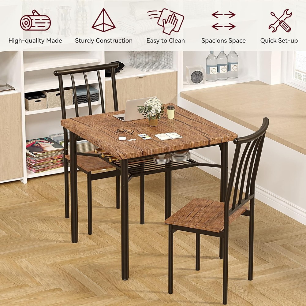 Dining Table Set for 2,3-Piece Kitchen Set w 2 Chairs&Wine Rack for Small Spaces