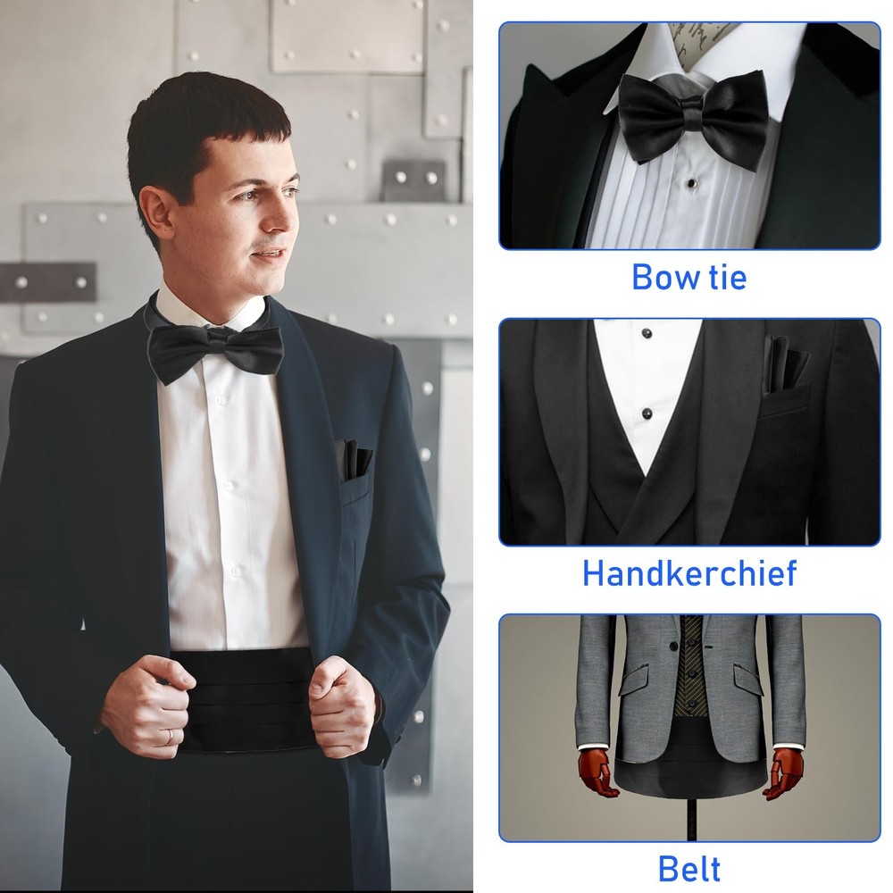 Men's Cummerbund Bow Tie Set Adjustable Solid Color Tuxedo Cummerbund and Bow