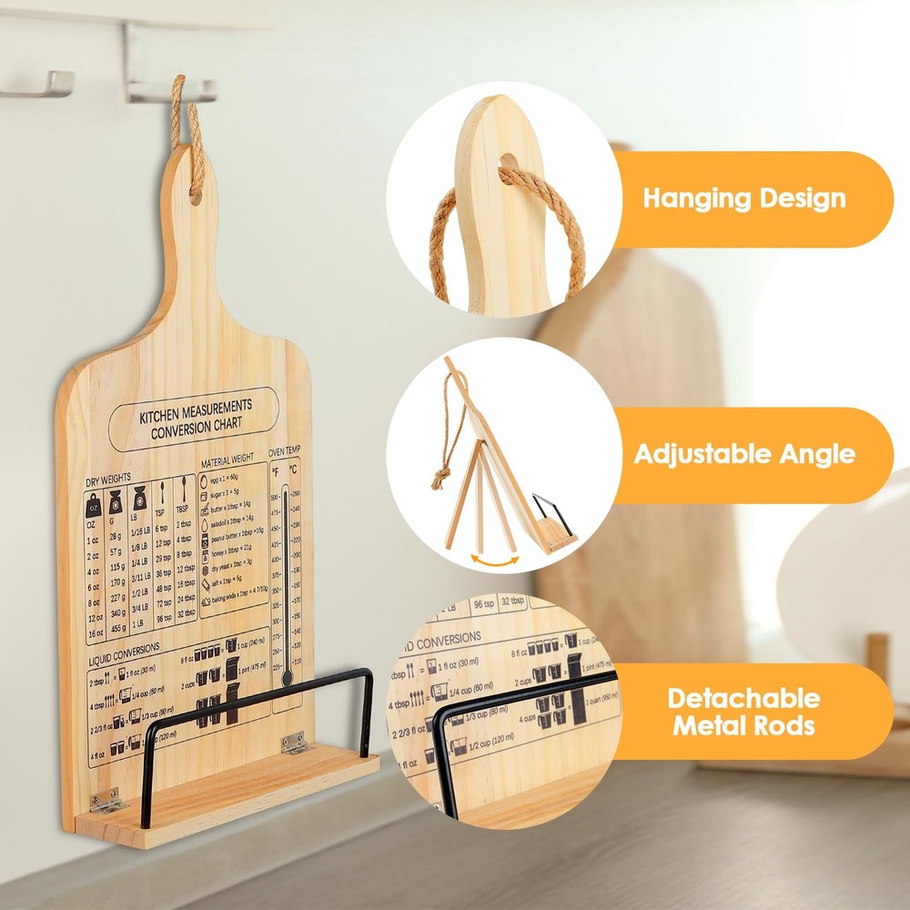 Wood Cookbook Stand Foldable Recipe Holder With Measurement Conversion Chart