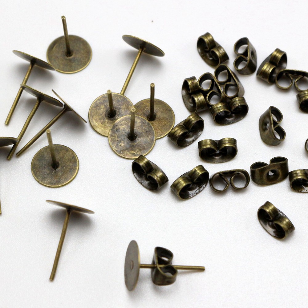 200 Pcs Bronze 8mm Flat Blank Pad Earring Ear Post Stud with Stopper Finding