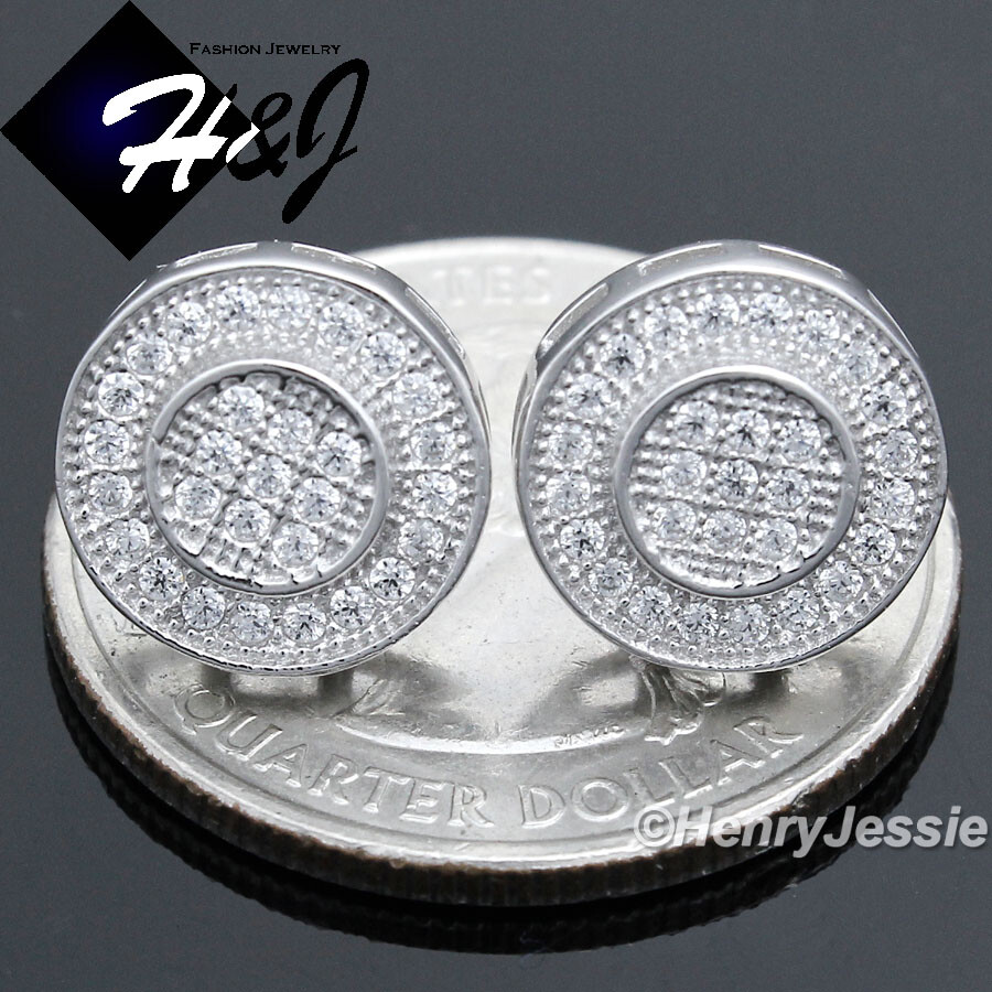 MEN 925 STERLING SILVER ICY BLING CZ 11MM ROUND PUSH BACK 3D STUD EARRING*E59