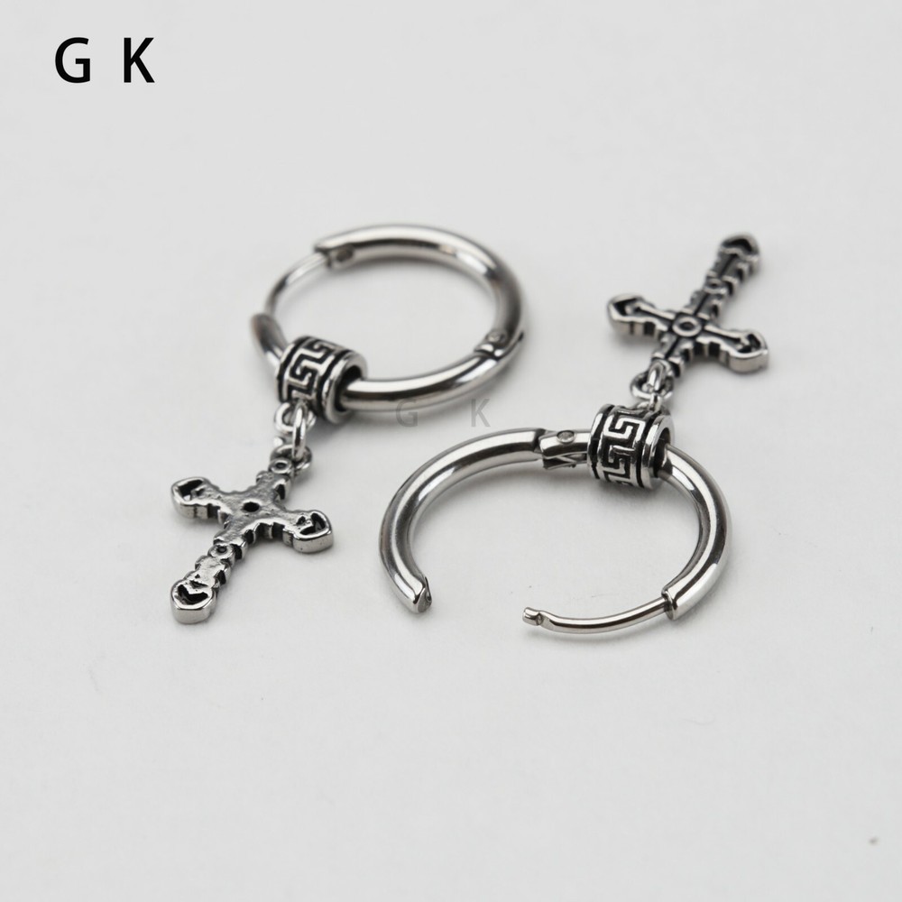 2pcs Stainless Steel Cross Huggie Hoop Dangle Drop Stud Earrings Piercing