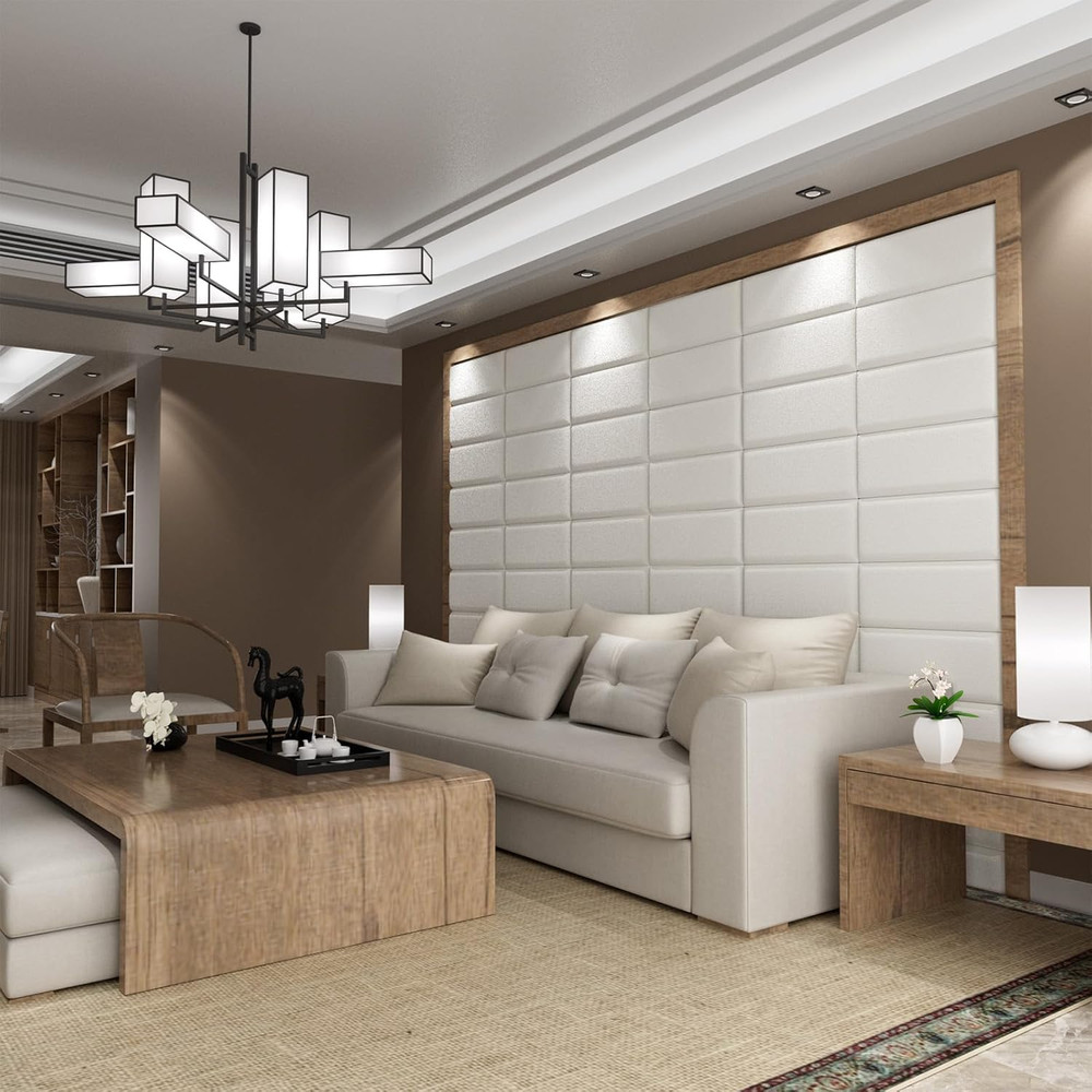 Upholstered Wall-Mounted Headboard, Acoustic Panel, Peel and Stick Padding, Beig