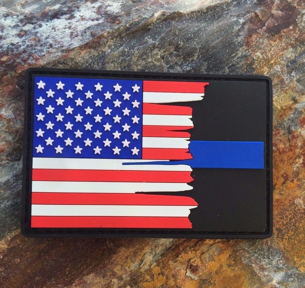 Tattered American Flag Thin Blue Line PVC Patch, Law Enforcement